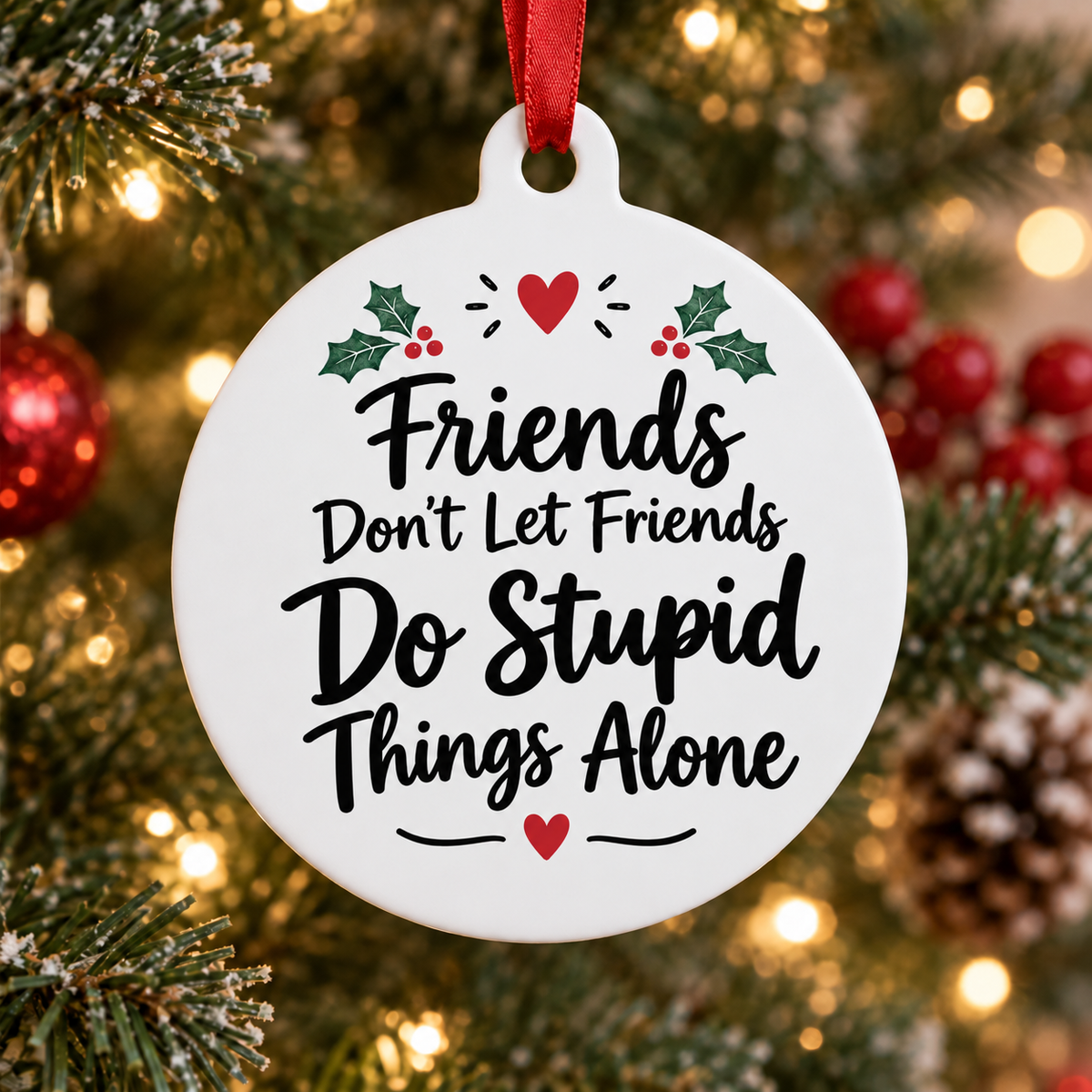 Funny bad influence friendship Christmas ornament with holly, hearts, and red ribbon