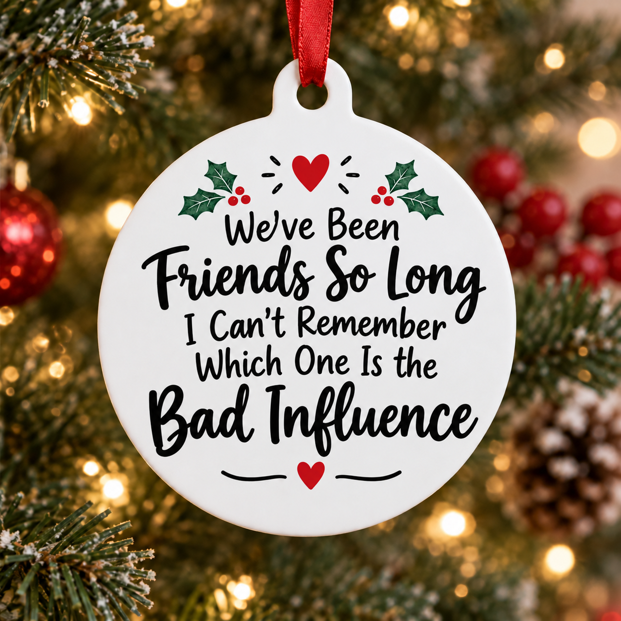 Funny friendship Christmas ornament with holly, hearts, and red ribbon
