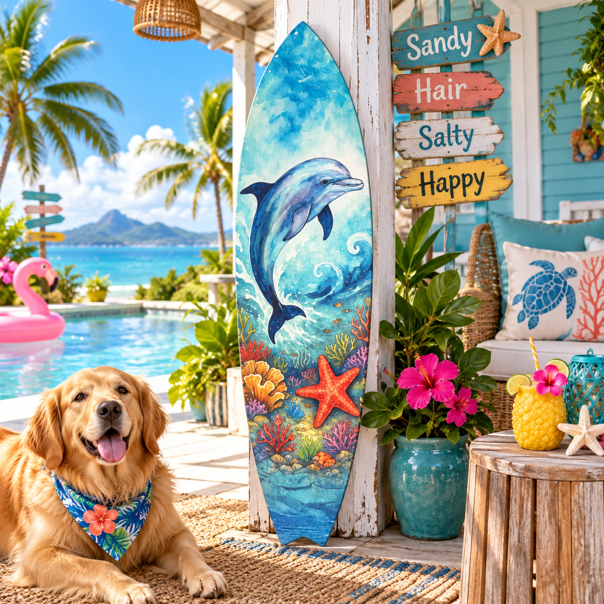 Dolphin Surfboard Decorative Beach House Wall Decor, Ocean Animal Wall Sign