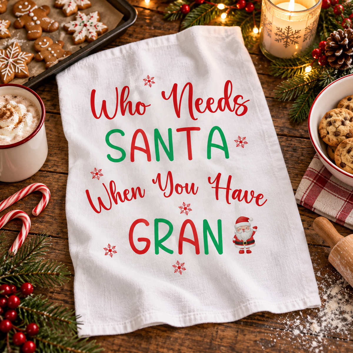 Gran Gift, Funny Quote Tea Towel for Gran, Christmas Gift for Gran, Santa Design, Cotton Dish Cloth, Kitchen Decor