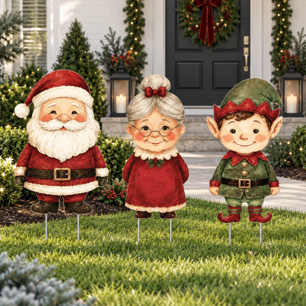 Santa, Mrs. Claus and Elf Garden Yard Sign Stakes Set - Indoor Outdoor