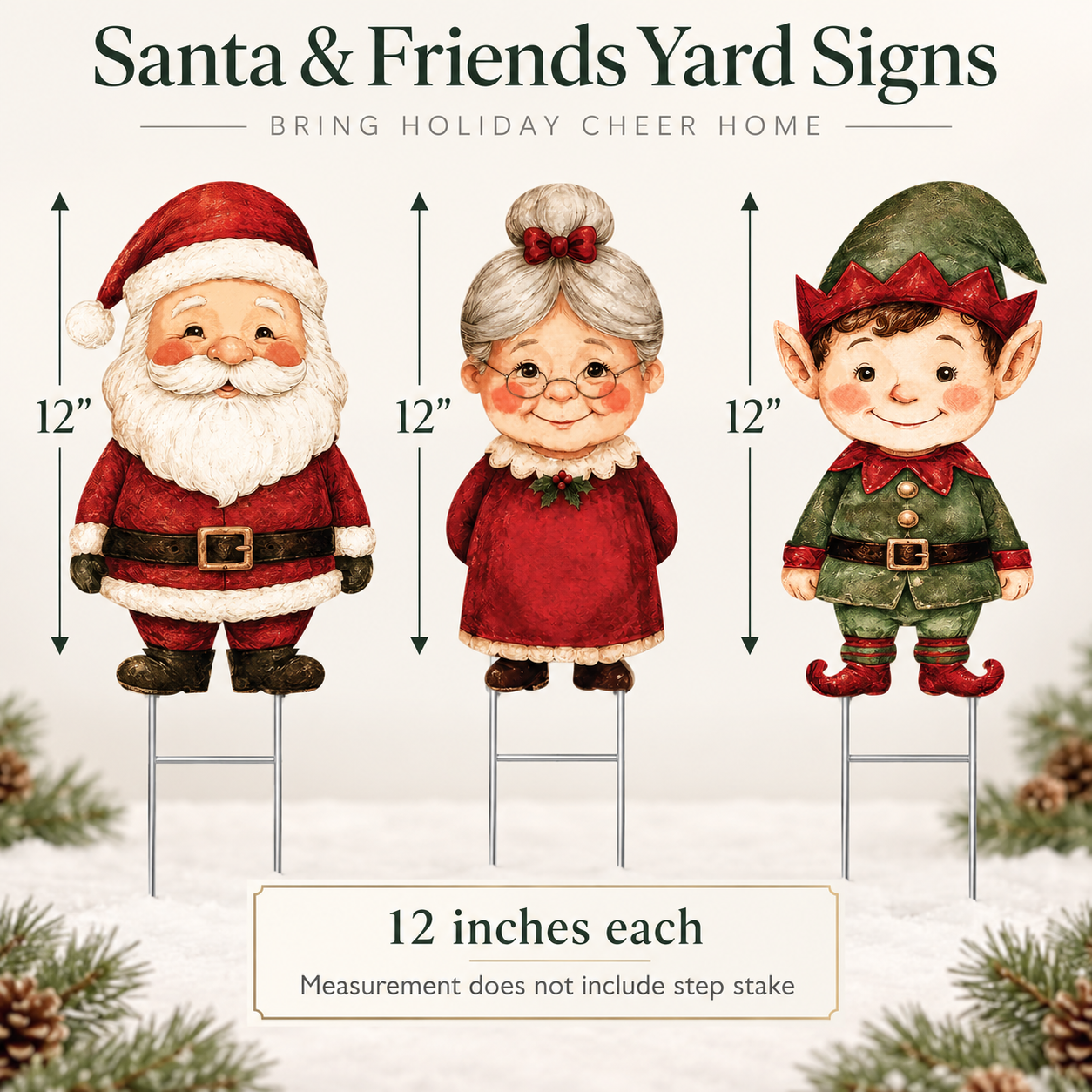 Santa, Mrs. Claus and Elf Garden Yard Sign Stakes Set - Indoor Outdoor