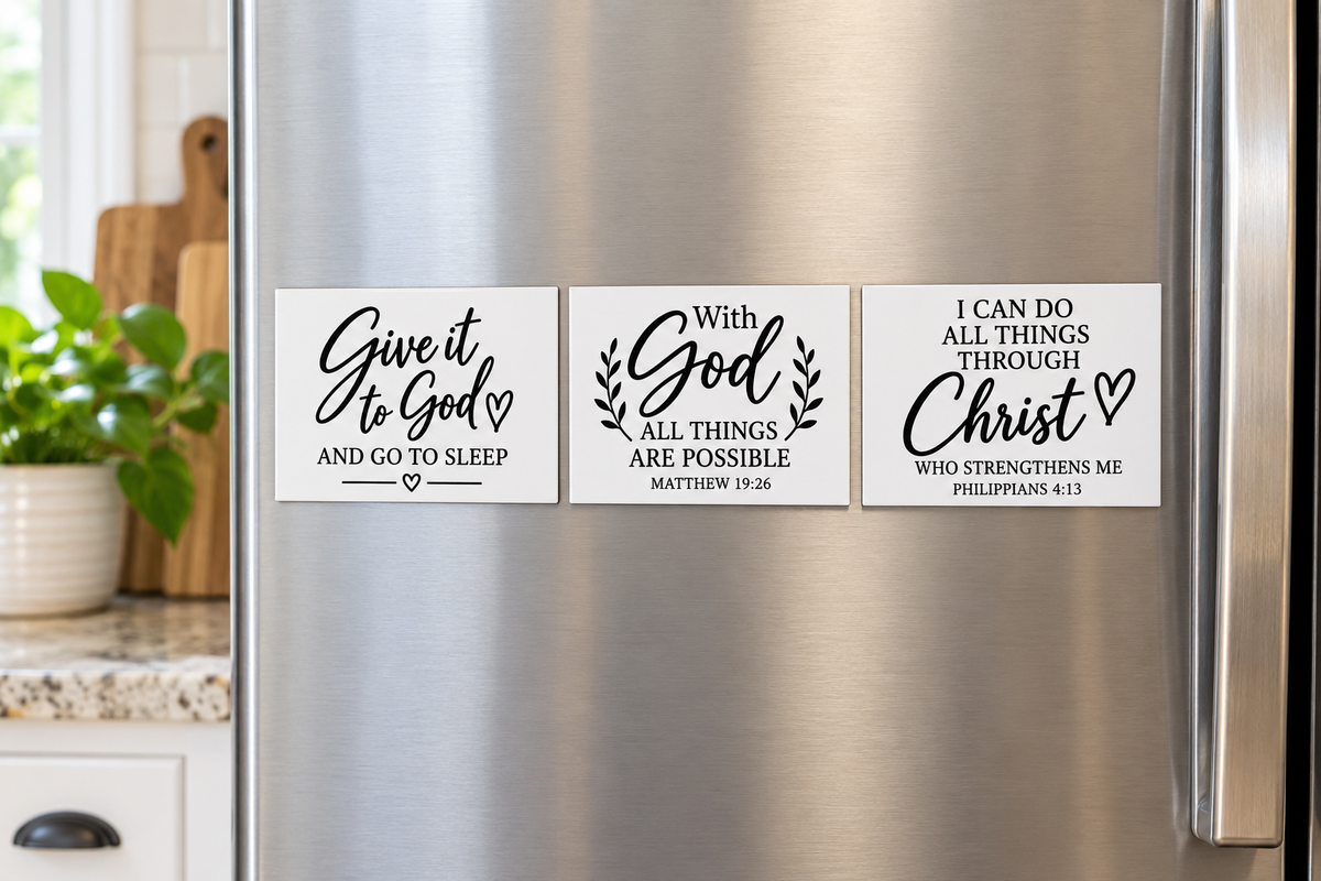 Christian Faith Magnet and Mini Sign Bundle Set of 3 – Black and White Scripture Sayings