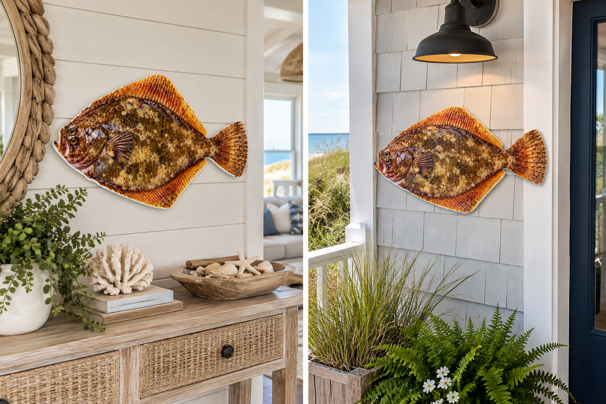 Coastal Flounder Fish Wall Decor, 24 Inch Beach House Wall Art, Indoor Outdoor PVC Fish Sign, Nautical Coastal Decor, Fisherman Gift