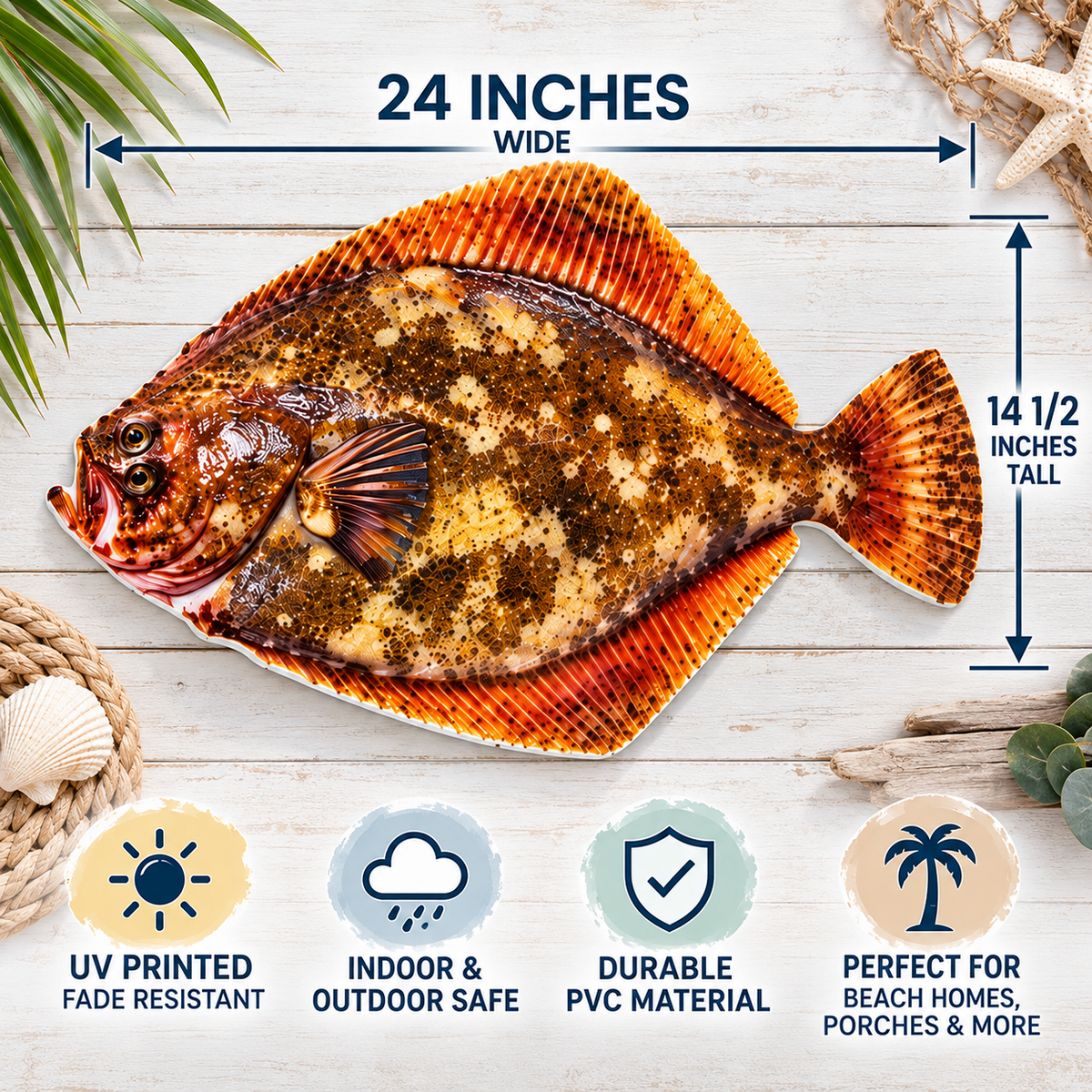 Coastal Flounder Fish Wall Decor, 24 Inch Beach House Wall Art, Indoor Outdoor PVC Fish Sign, Nautical Coastal Decor, Fisherman Gift