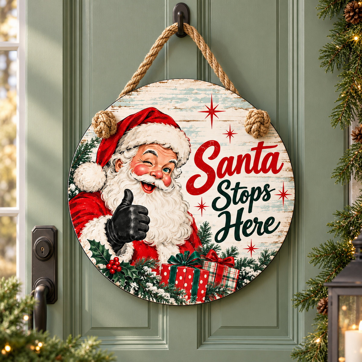 Santa Stops Here Christmas door hanger displayed on a sage front door