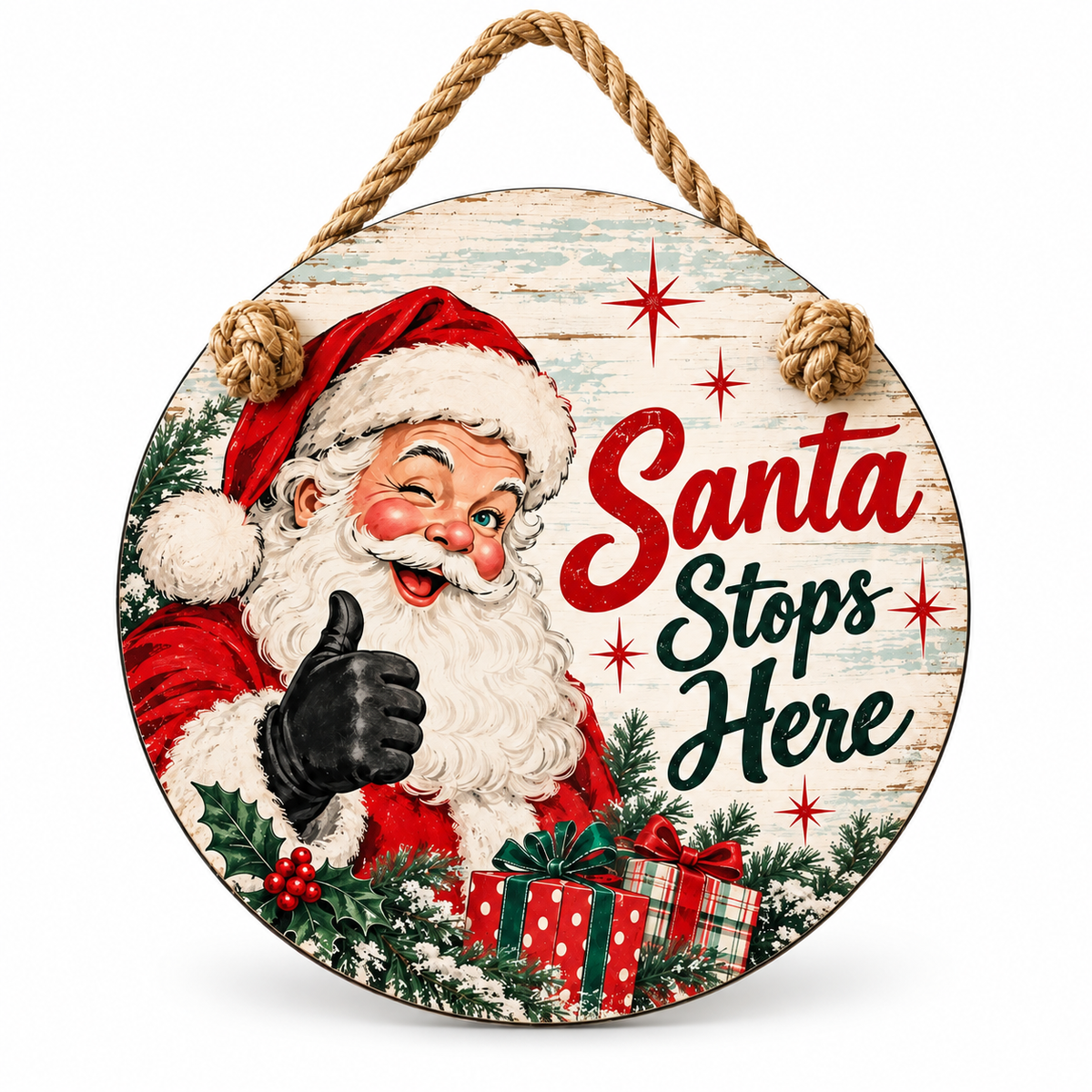 Vintage Santa Stops Here round PVC door hanger with thick nautical rope