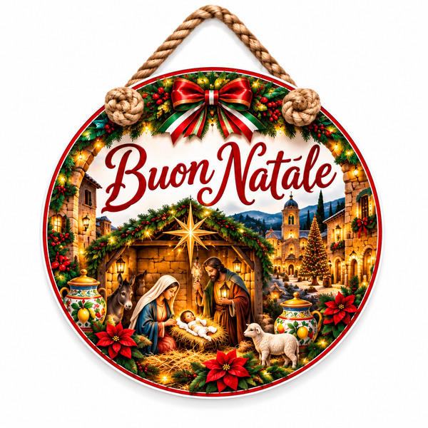 Buon Natale Italian nativity round PVC door hanger with printed bow contained within the circular design — white background