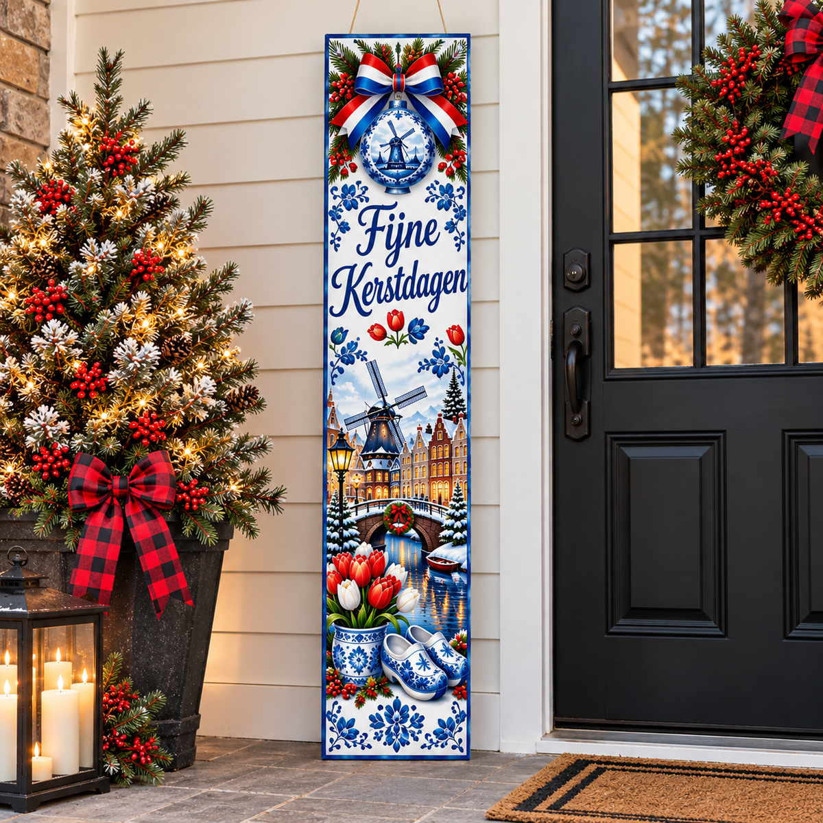 Fijne Kerstdagen – Dutch Christmas Porch Board and Leaner Sign – Delft Blue Heritage