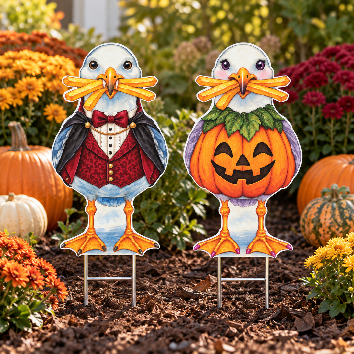 Halloween Seagull Garden Stakes Set of 2, Vampire and Pumpkin Costume Seagulls, Coastal Halloween Yard Decor