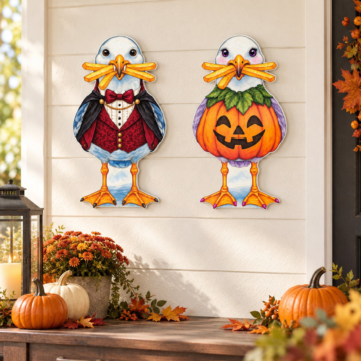 Halloween Seagull Garden Stakes Set of 2, Vampire and Pumpkin Costume Seagulls, Coastal Halloween Yard Decor