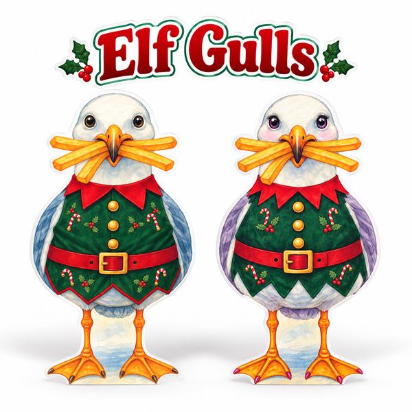 Christmas Elf Yard Signs for Coastal Beach Set of 2, 12 Inch PVC Sully and Sally Seagulls