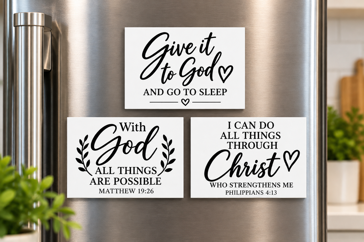 Christian Faith Magnet and Mini Sign Bundle Set of 3 – Black and White Scripture Sayings