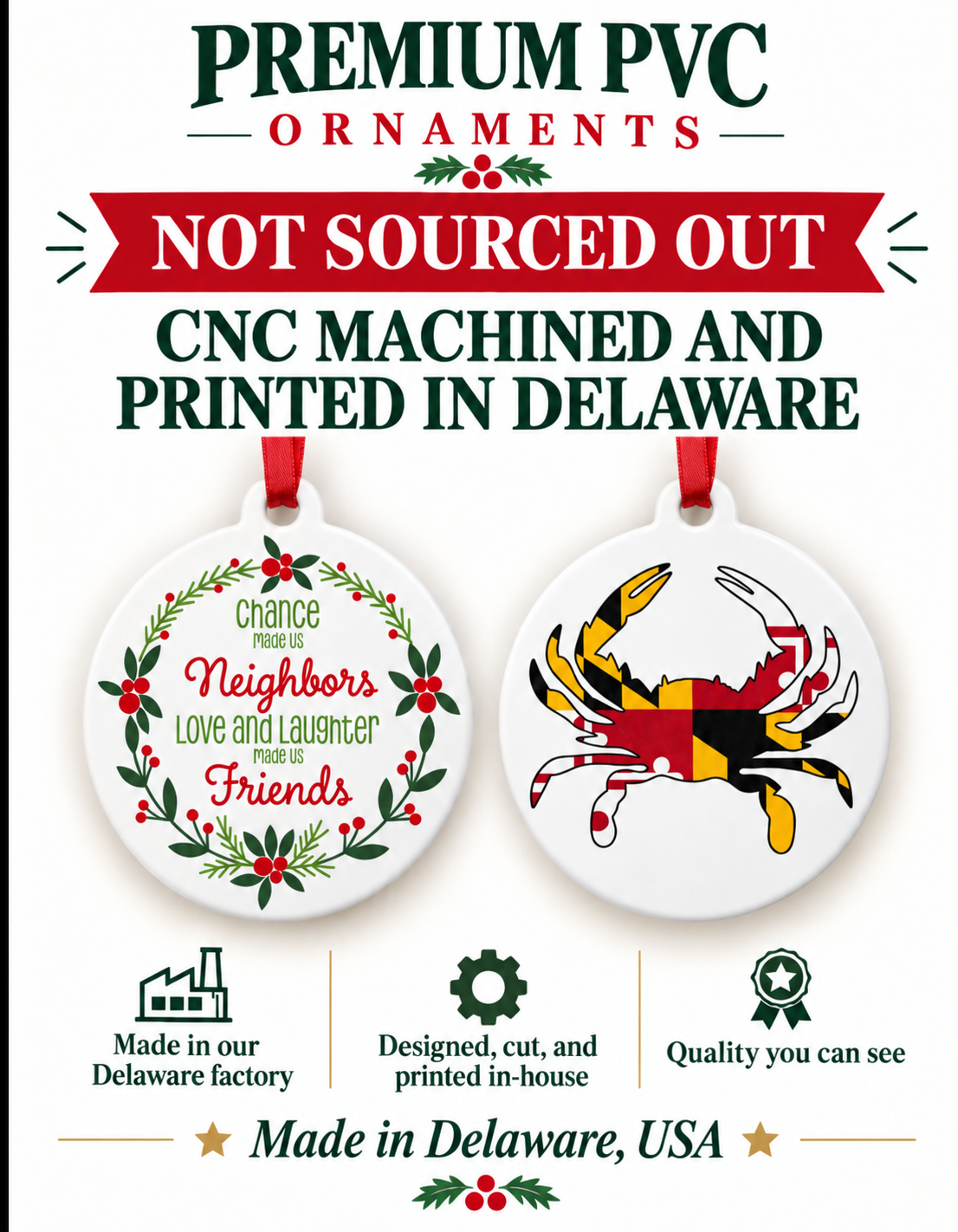 Infographic showing premium PVC ornaments are made in Delaware USA