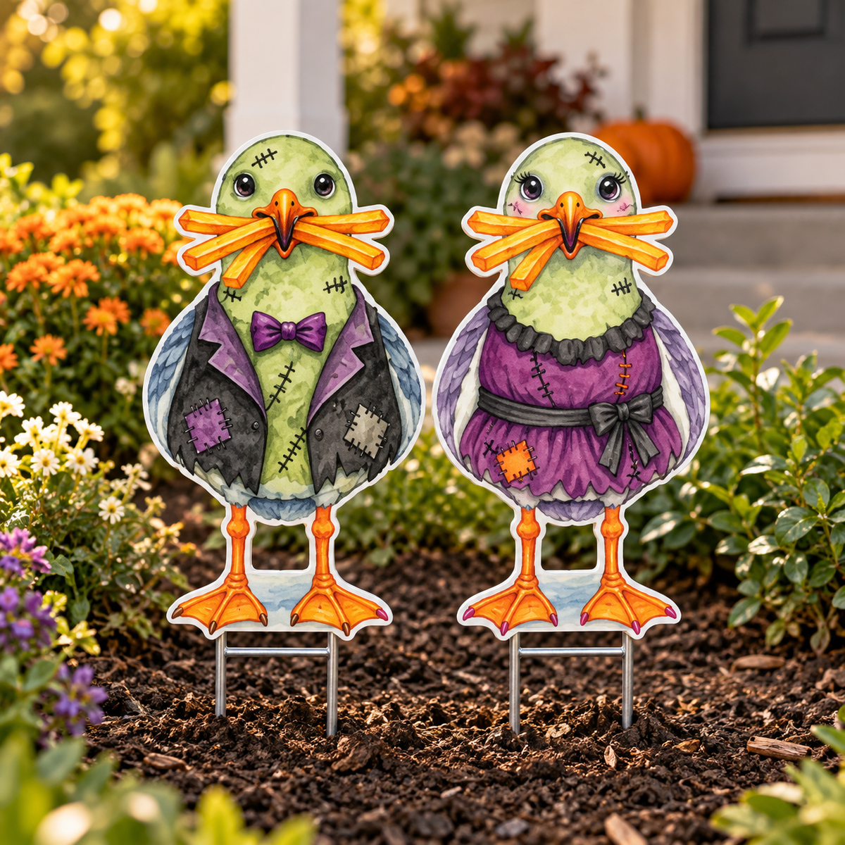 Halloween Fall Yard Signs, Set of 2, Frankenstein Coastal Beach 12 Inch PVC Sully & Sally