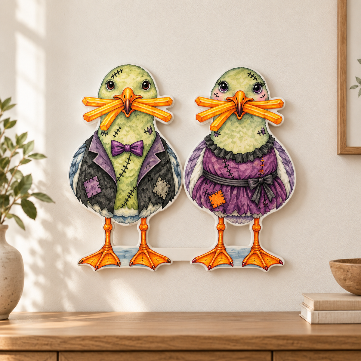 Halloween Fall Yard Signs, Set of 2, Frankenstein Coastal Beach 12 Inch PVC Sully & Sally