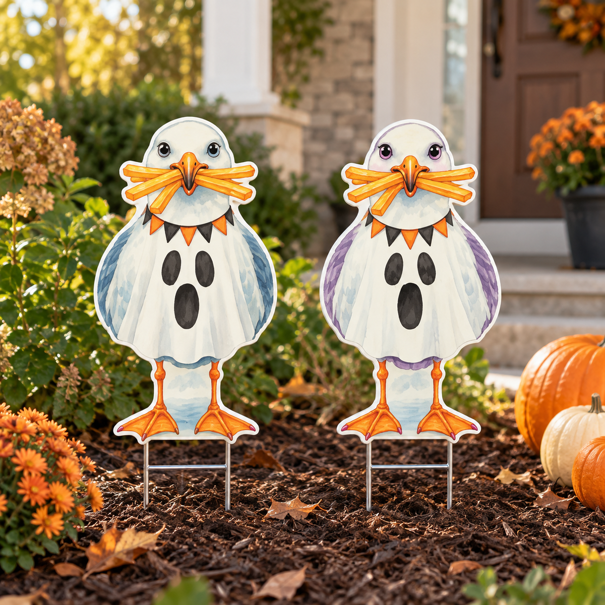 Halloween Ghost Coastal Yard Signs Seagulls, Beach House Fall - 12 Inch PVC, Sully and Sally