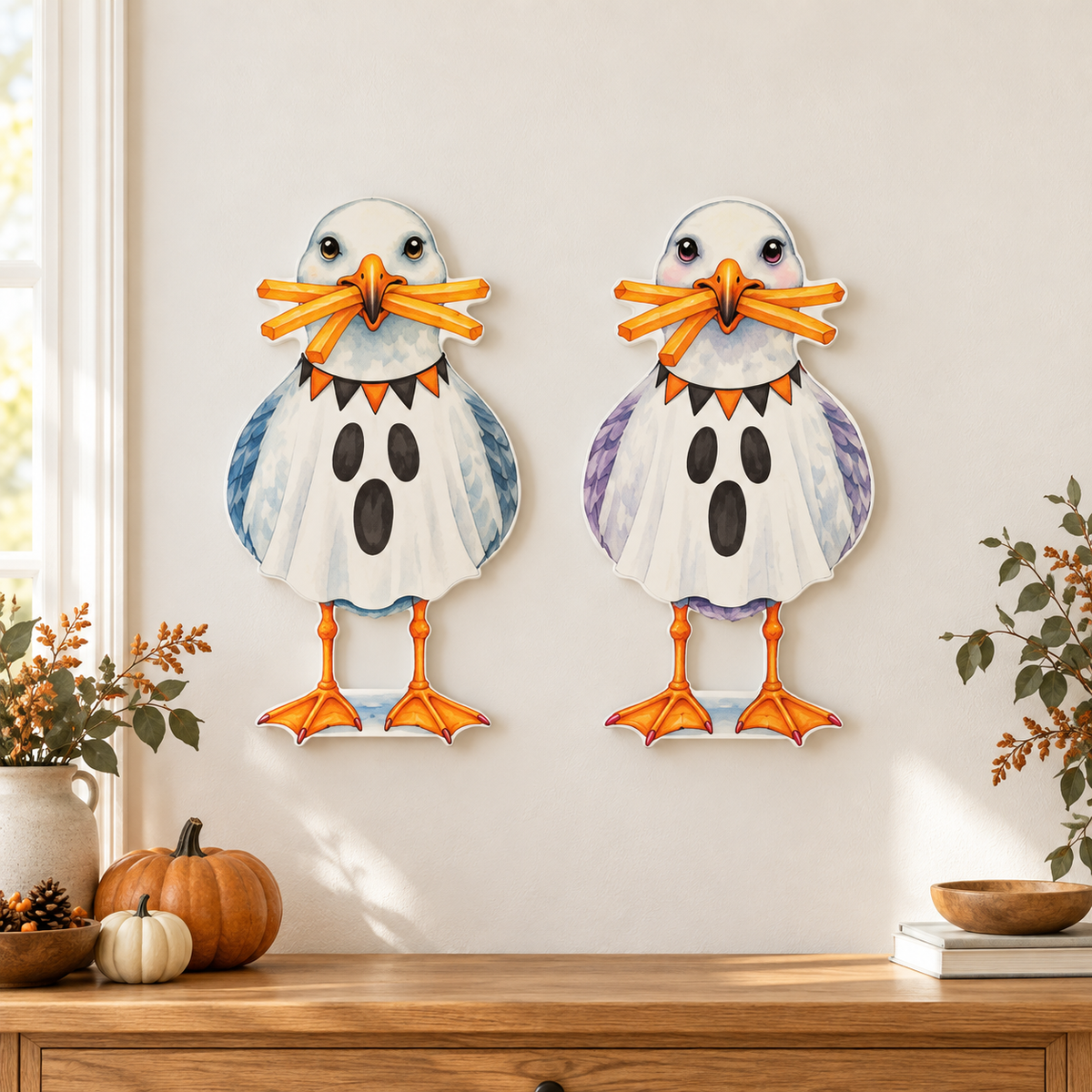 Halloween Ghost Coastal Yard Signs Seagulls, Beach House Fall - 12 Inch PVC, Sully and Sally
