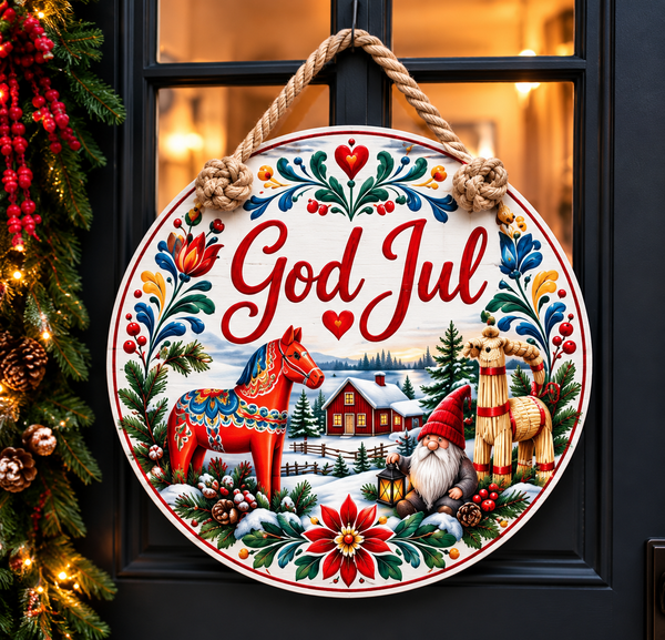 God Jul Swedish Christmas Door Hanger – Dala Horse Scandinavian Heritage Round PVC Sign