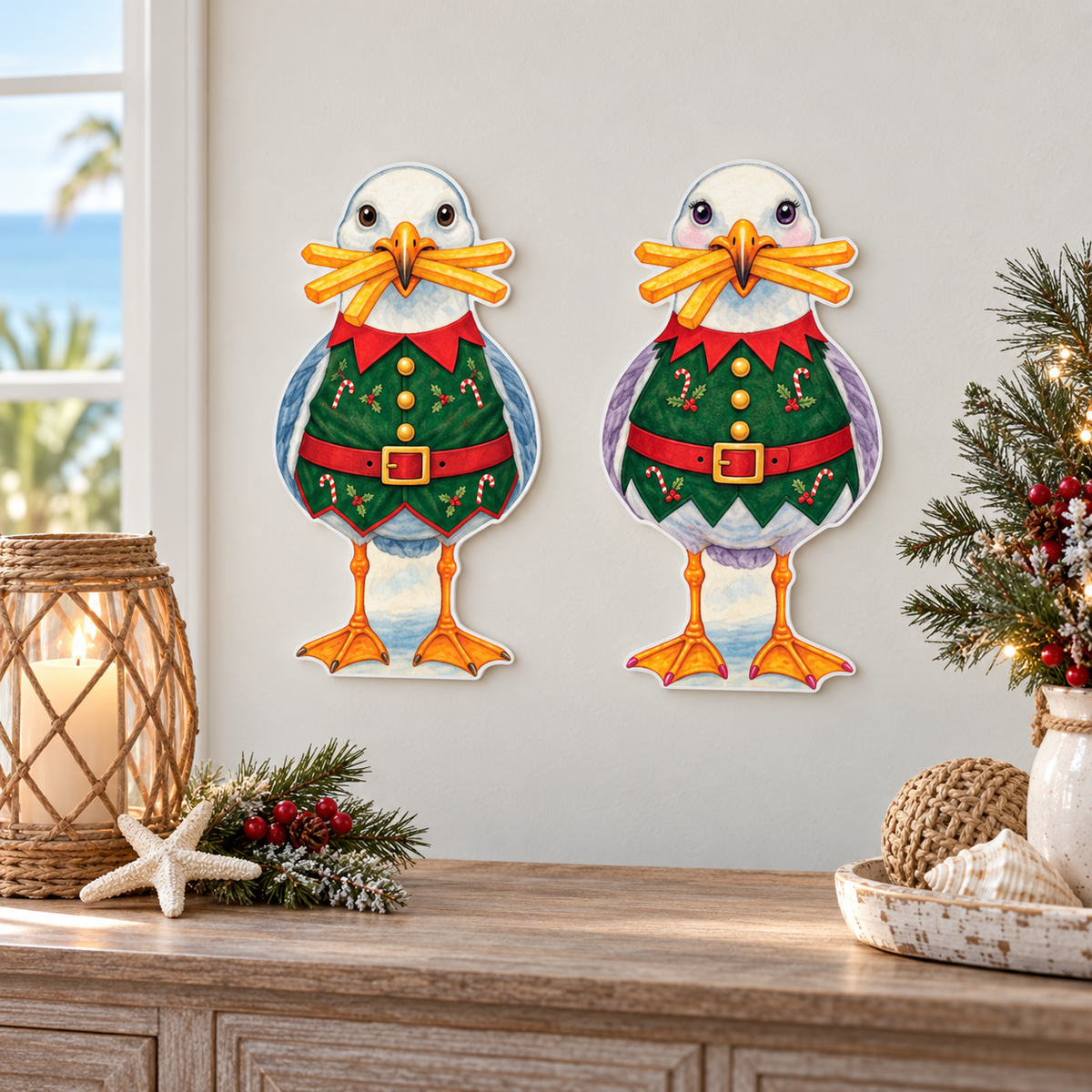 Christmas Elf Yard Signs for Coastal Beach Set of 2, 12 Inch PVC Sully and Sally Seagulls