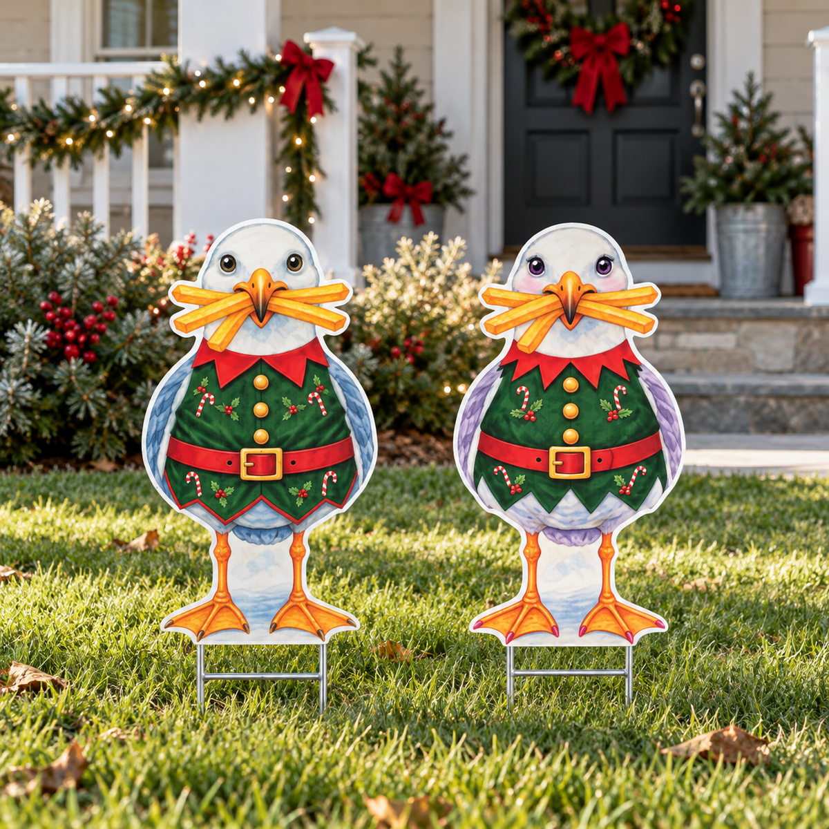 Christmas Elf Yard Signs for Coastal Beach Set of 2, 12 Inch PVC Sully and Sally Seagulls