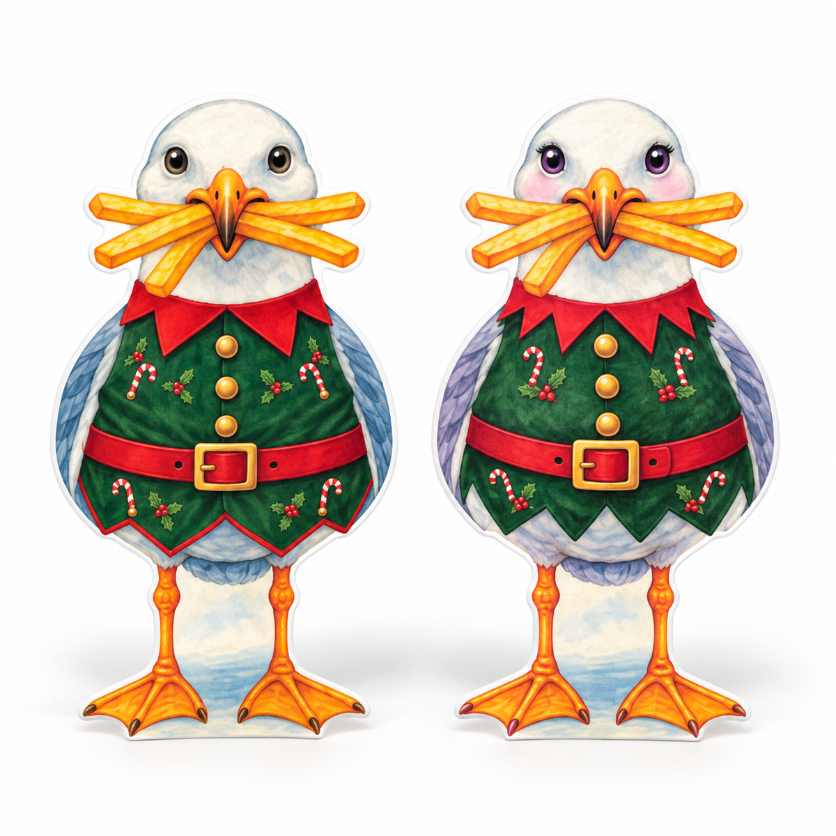 Christmas Elf Yard Signs for Coastal Beach Set of 2, 12 Inch PVC Sully and Sally Seagulls