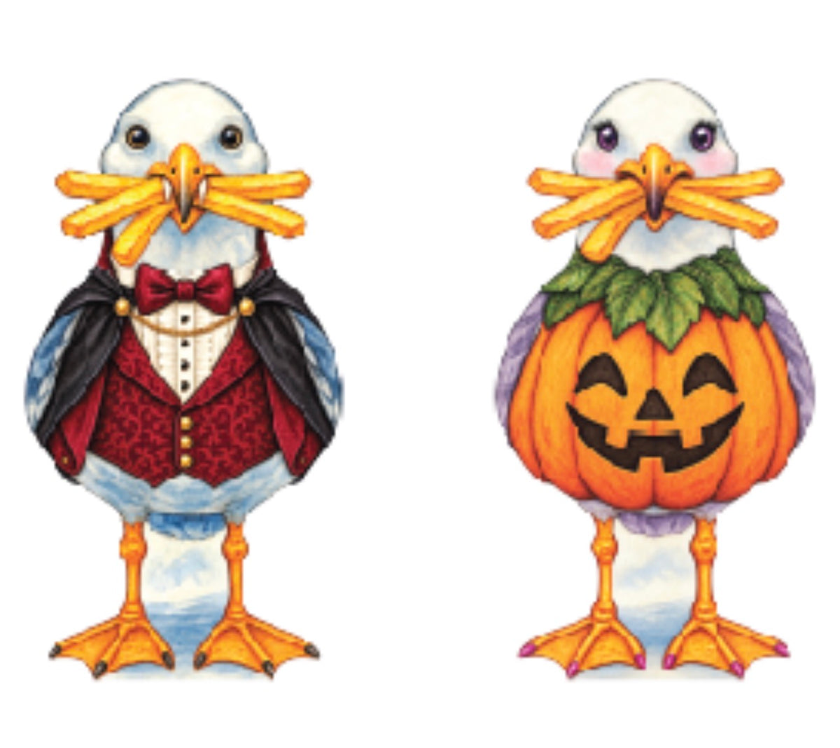 Halloween Seagull Garden Stakes Set of 2, Vampire and Pumpkin Costume Seagulls, Coastal Halloween Yard Decor