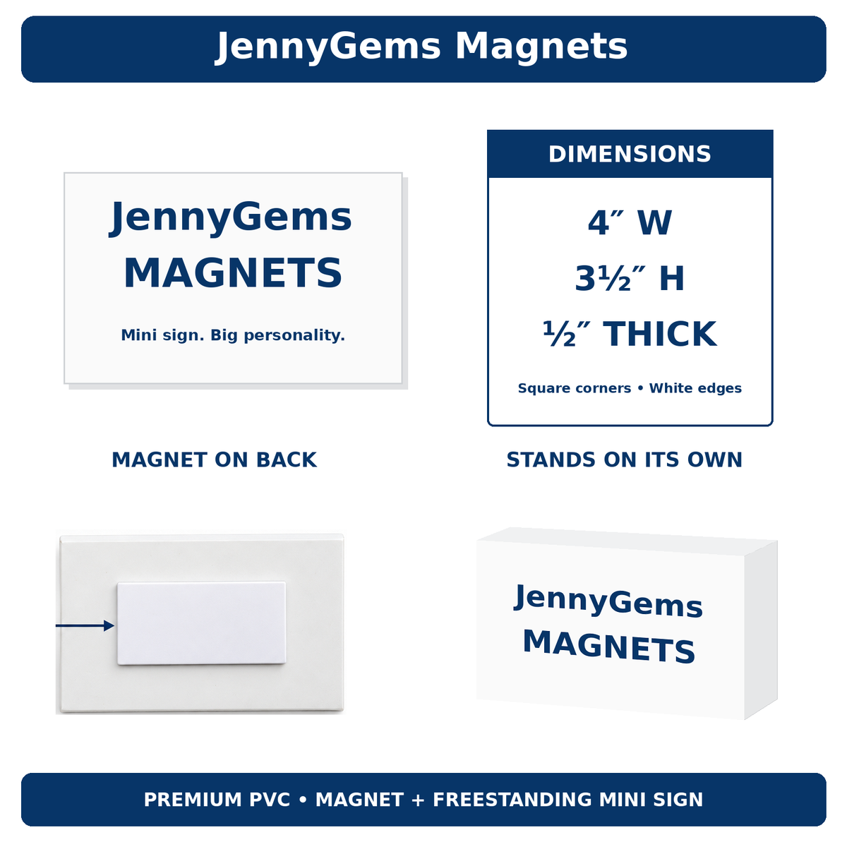 JennyGems Magnets universal infographic with horizontal rectangular front, back and freestanding views; 4 inches wide by 3.5 inches high by half an inch thick.