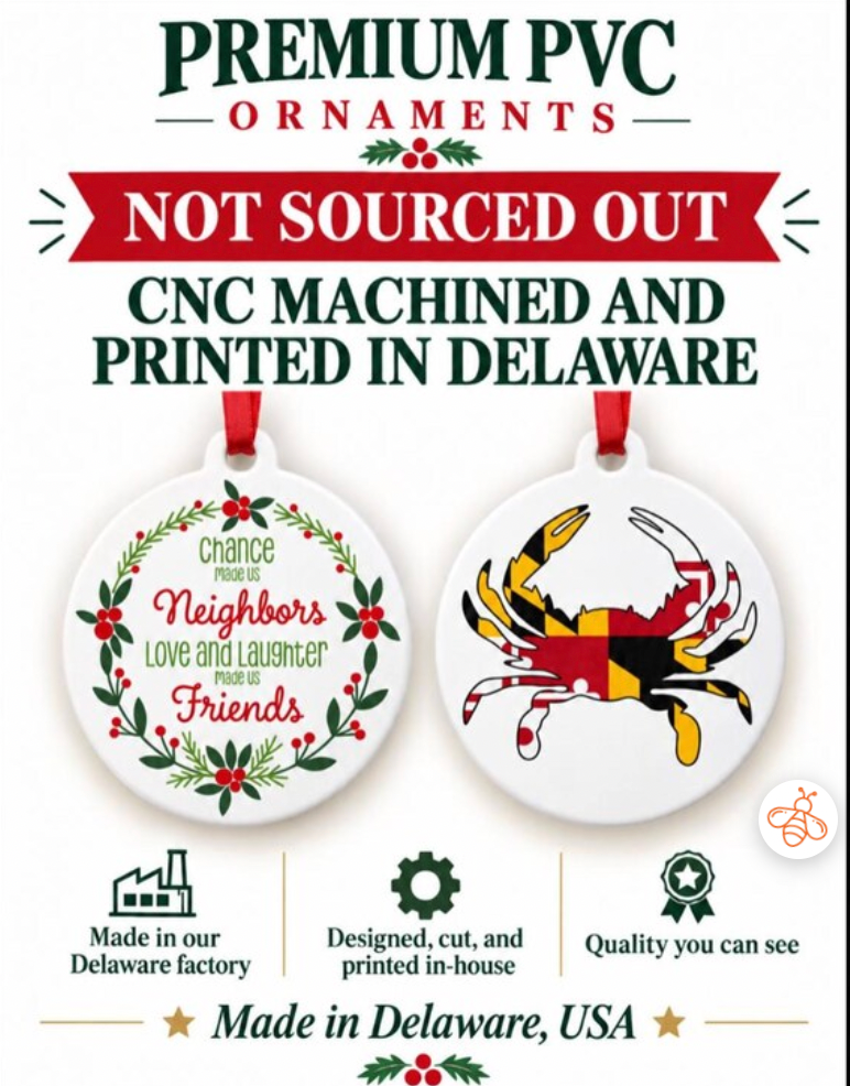 JennyGems PVC ornaments CNC machined and printed in Delaware