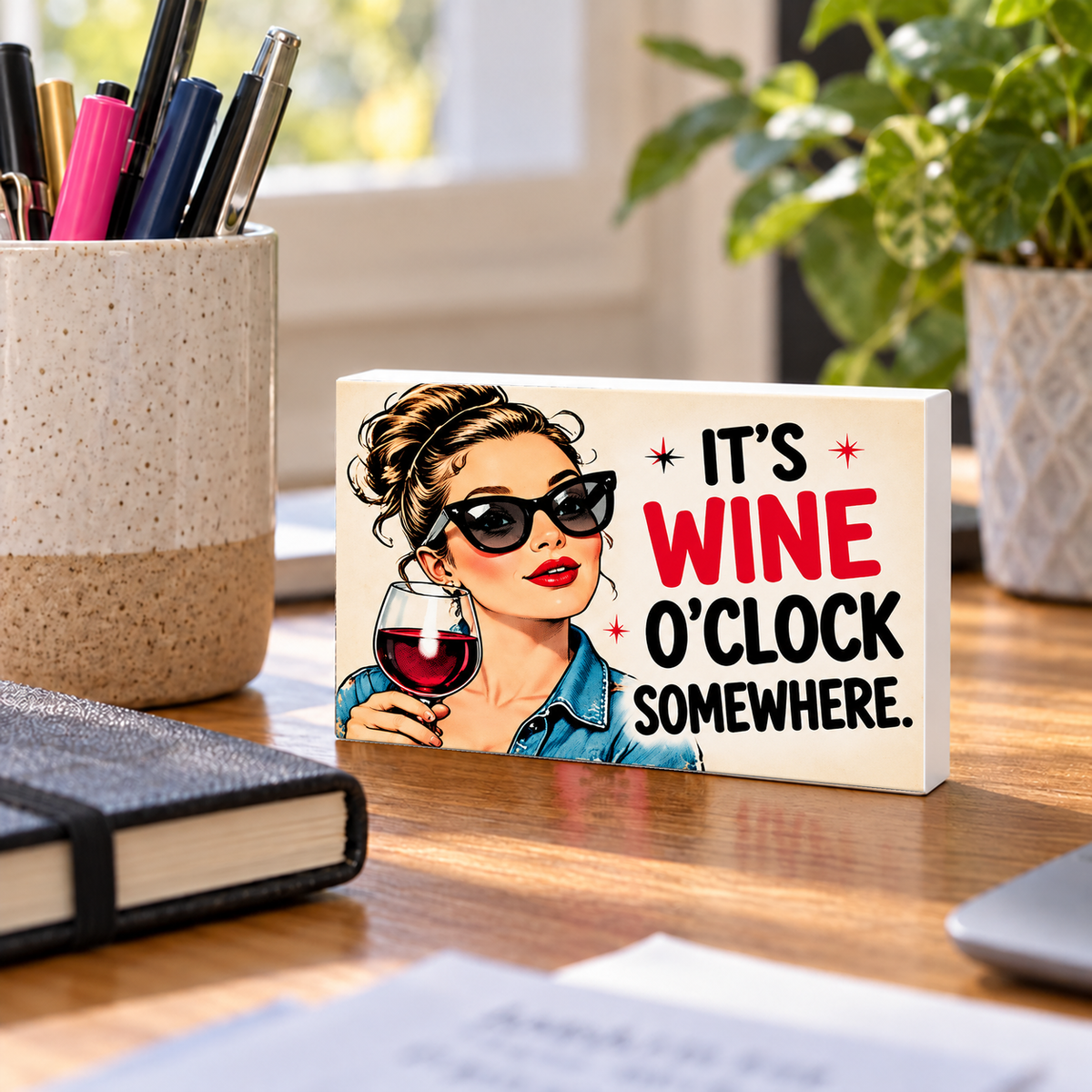 It's Wine O'Clock Somewhere. mini sign standing on a desk with white PVC edges.