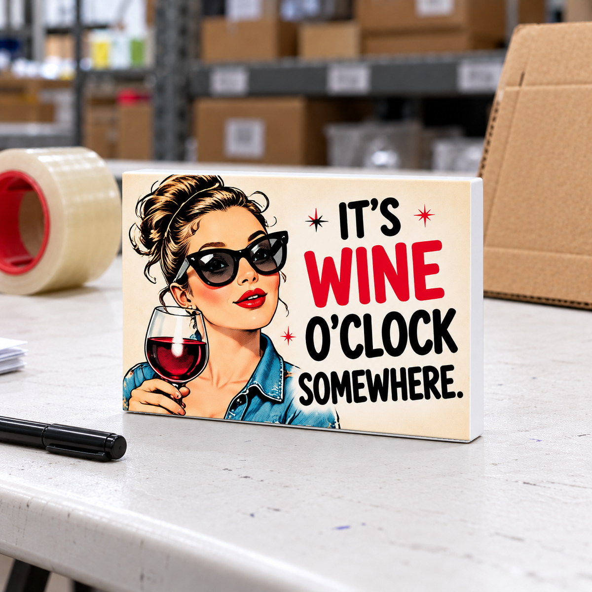 It's Wine O'Clock Somewhere. magnet and mini sign on a white folding warehouse table.