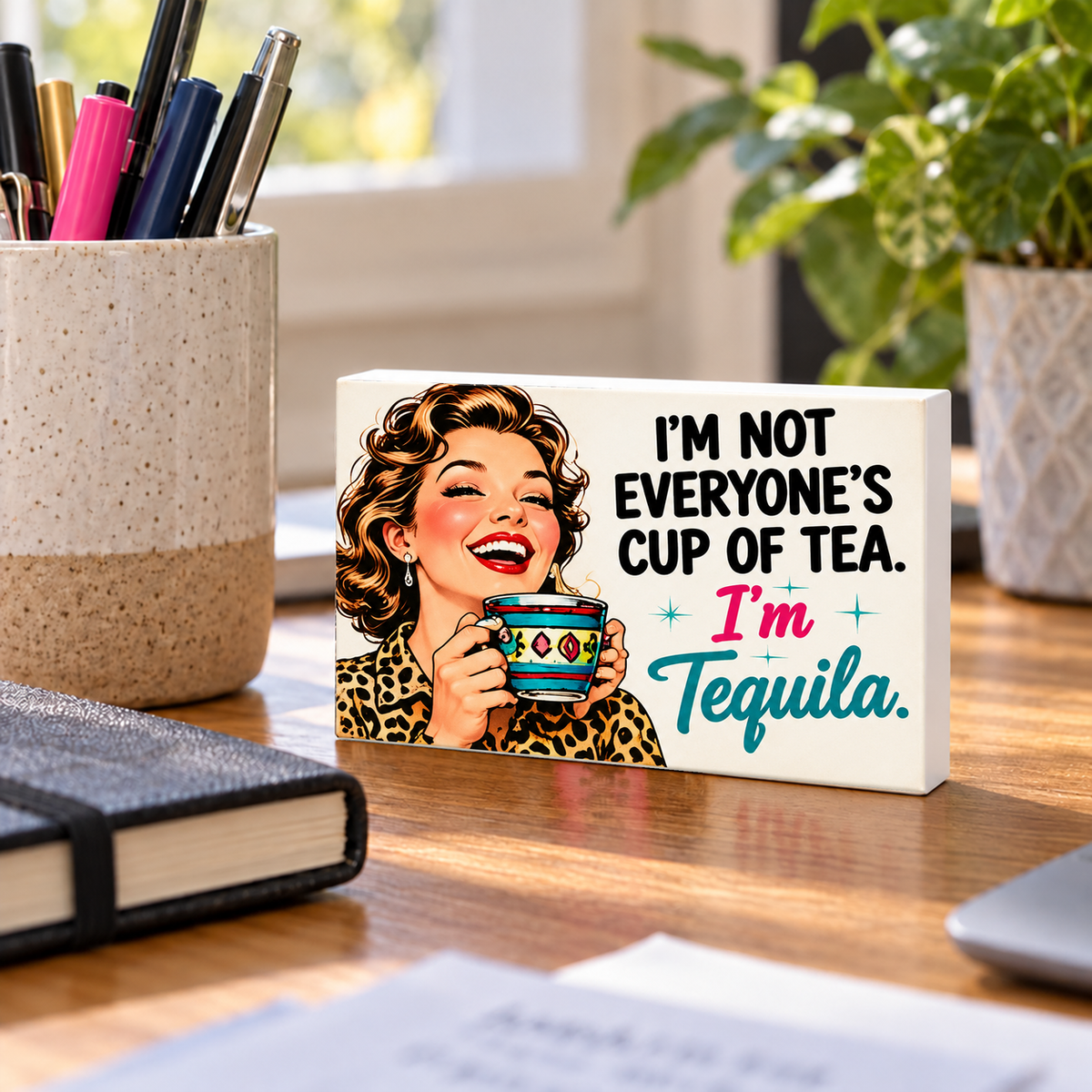 I'm Not Everyone's Cup of Tea. I'm Tequila. mini sign standing on a desk with white PVC edges.