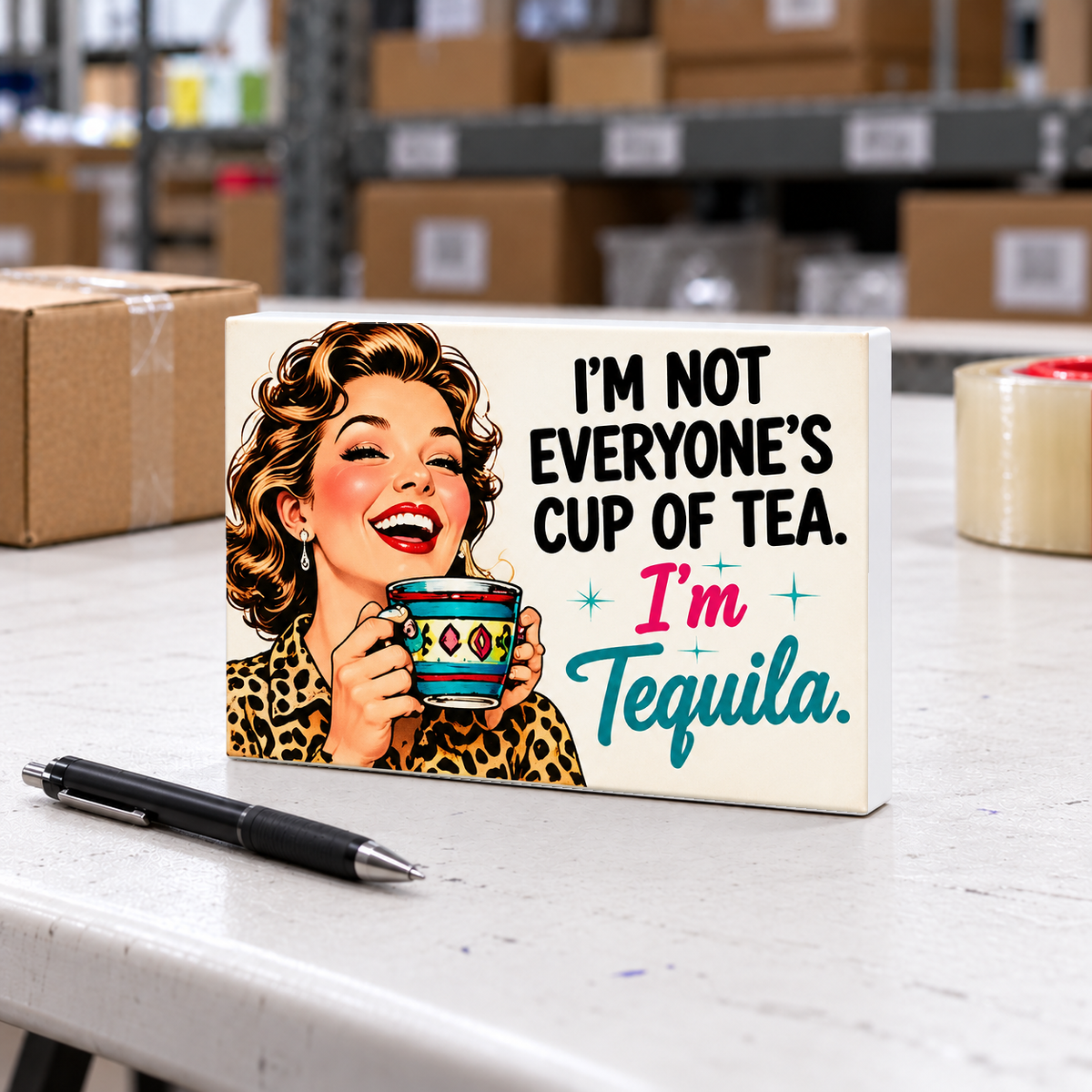 I'm Not Everyone's Cup of Tea. I'm Tequila. magnet and mini sign on a white folding warehouse table.