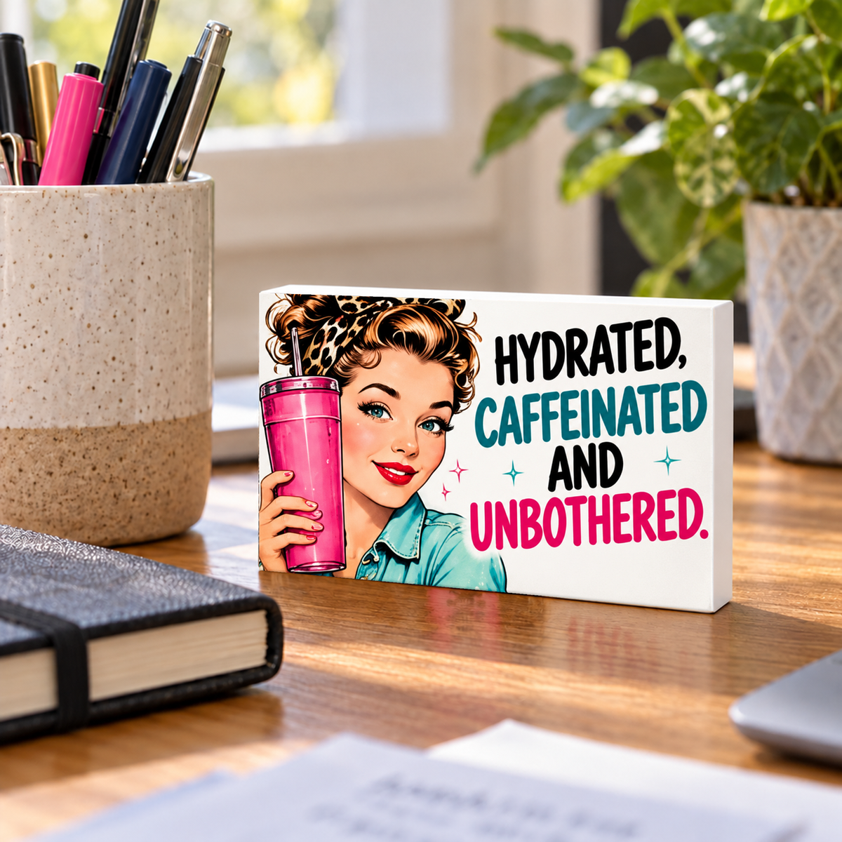 Hydrated, Caffeinated and Unbothered mini sign standing on a desk.