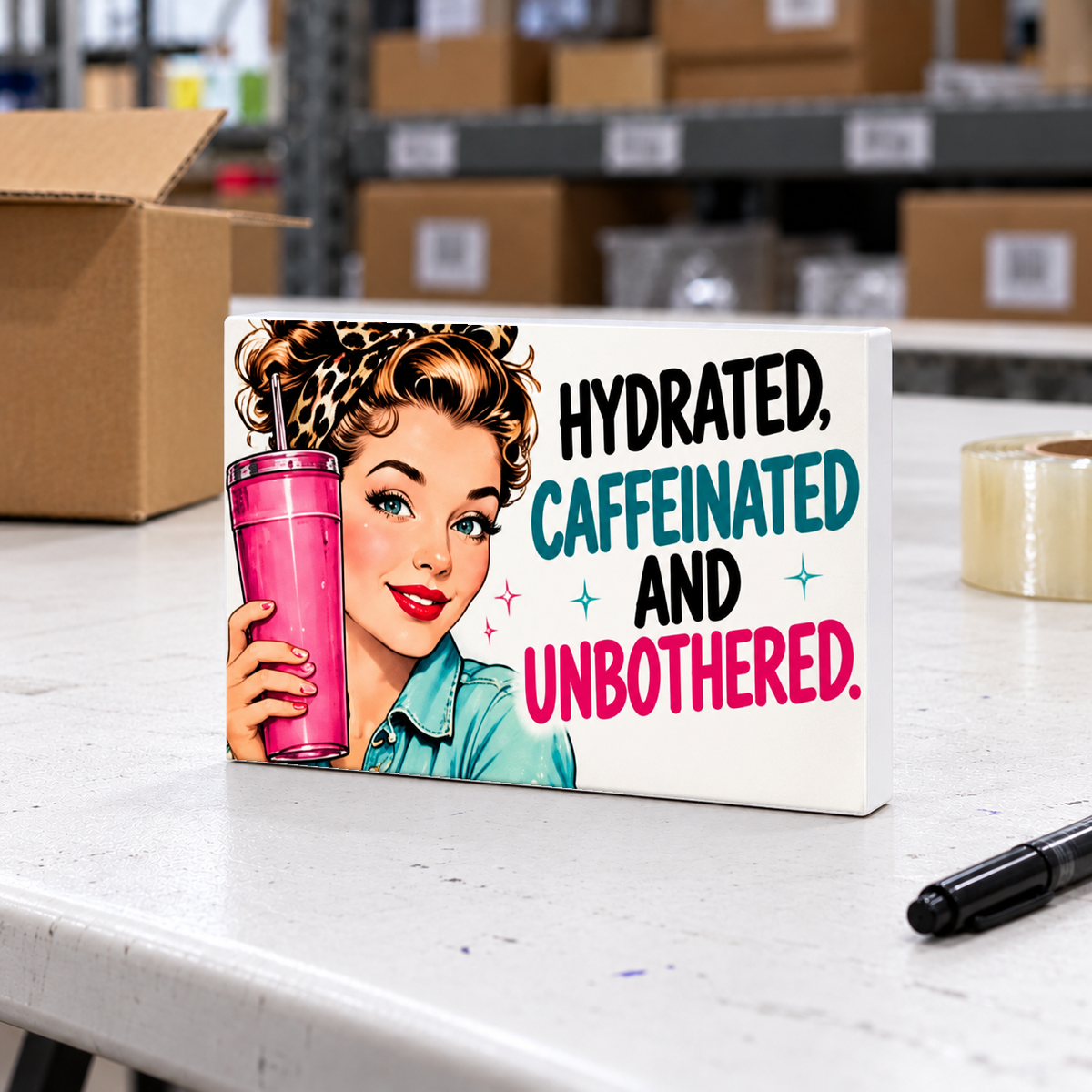 Hydrated, Caffeinated and Unbothered mini sign on a white folding warehouse table with packing supplies.