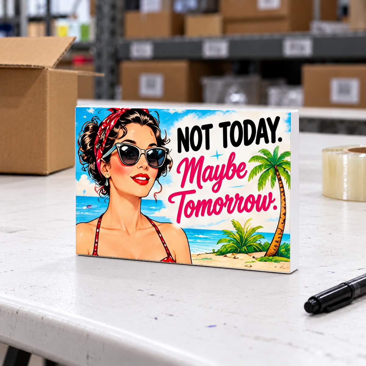 Not Today. Maybe Tomorrow magnet and mini sign on a white folding warehouse table.