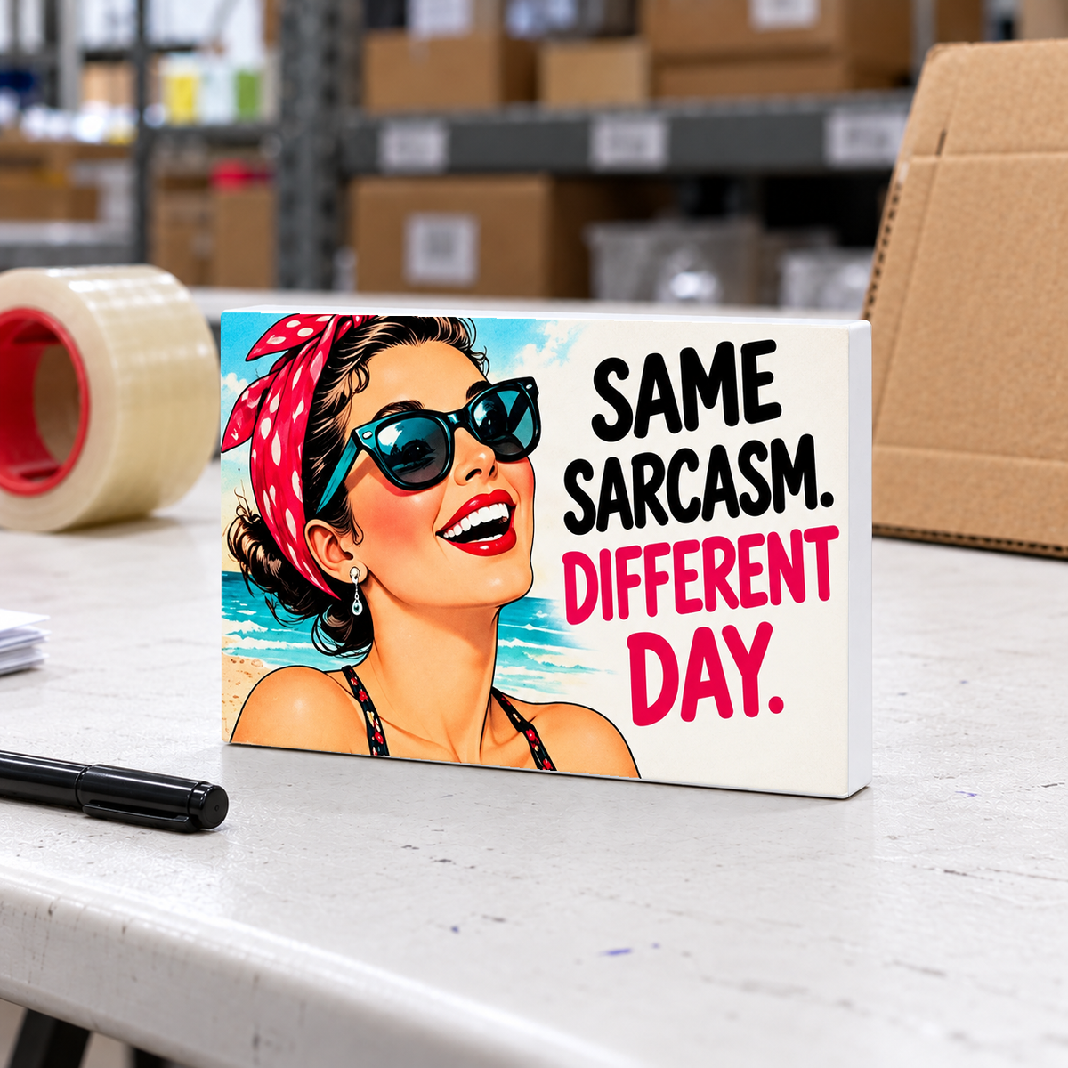 Same Sarcasm. Different Day magnet and mini sign on a white folding warehouse table.