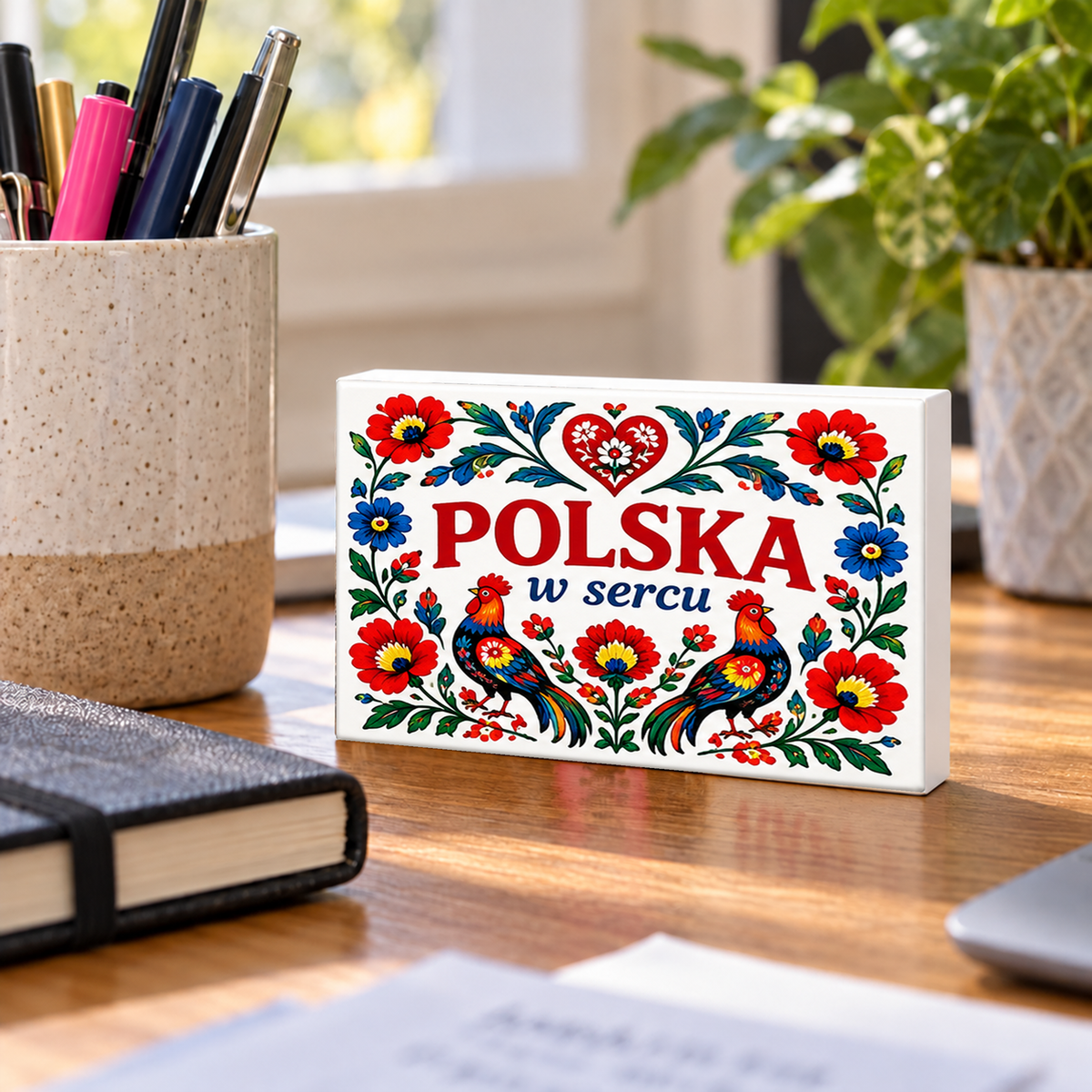Polish Heritage – Polska w Sercu – Folk Art mini sign standing on a desk with white PVC edges.