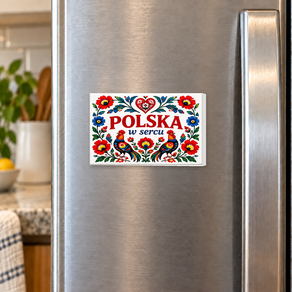 Polish Heritage – Polska w Sercu – Folk Art rectangular magnet shown front-facing on a refrigerator.