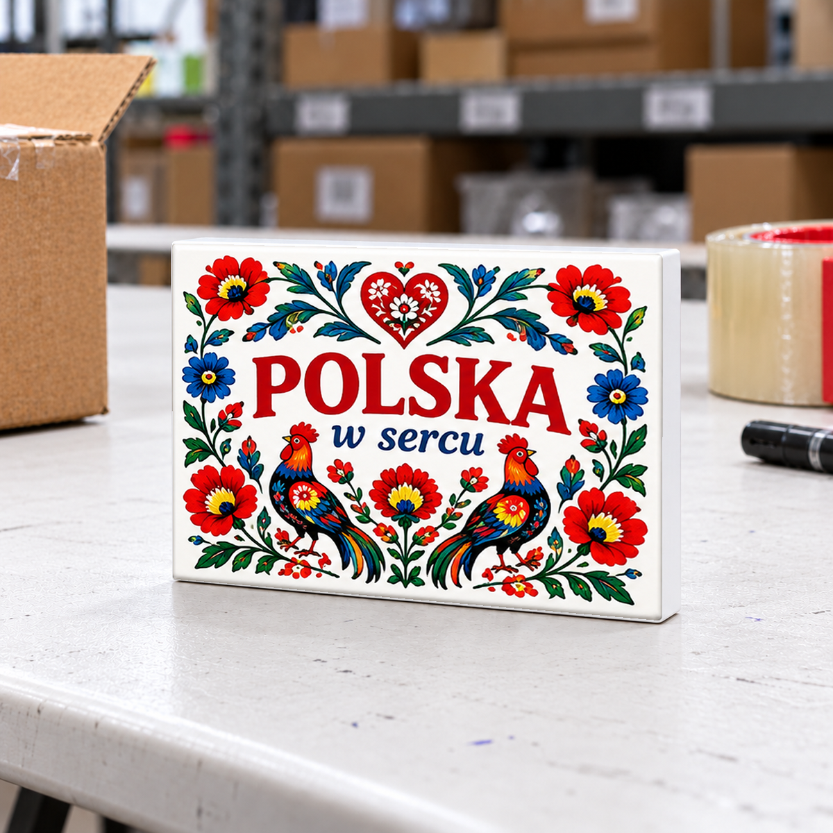 Polish Heritage – Polska w Sercu – Folk Art magnet and mini sign on a white folding warehouse table.
