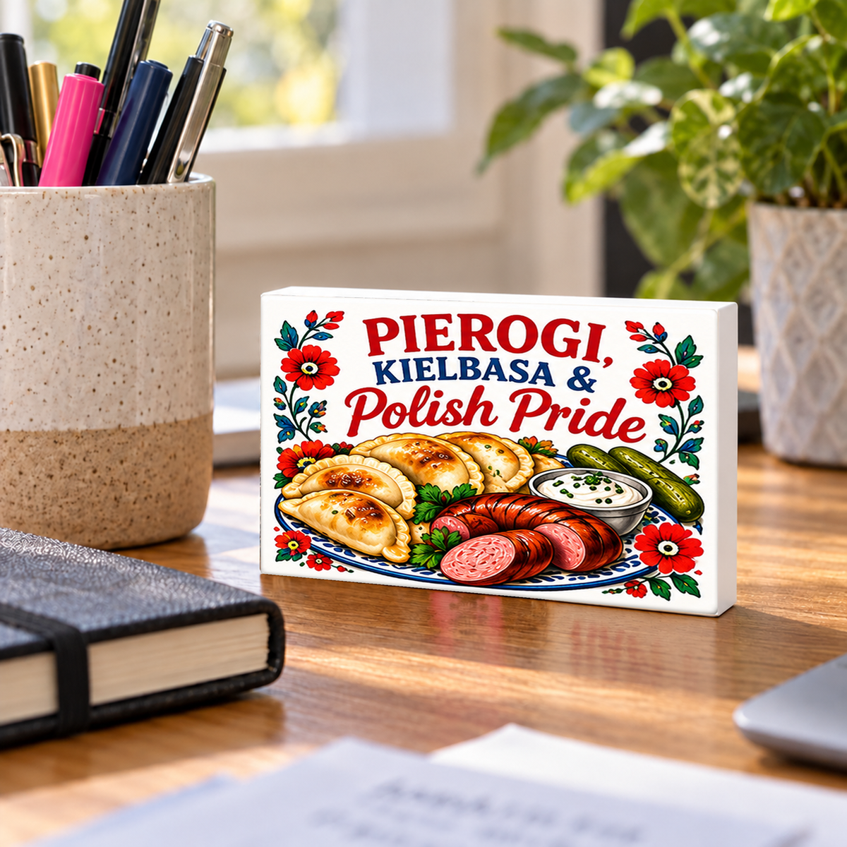 Polish Food – Pierogi, Kielbasa & Polish Pride mini sign standing on a desk with white PVC edges.