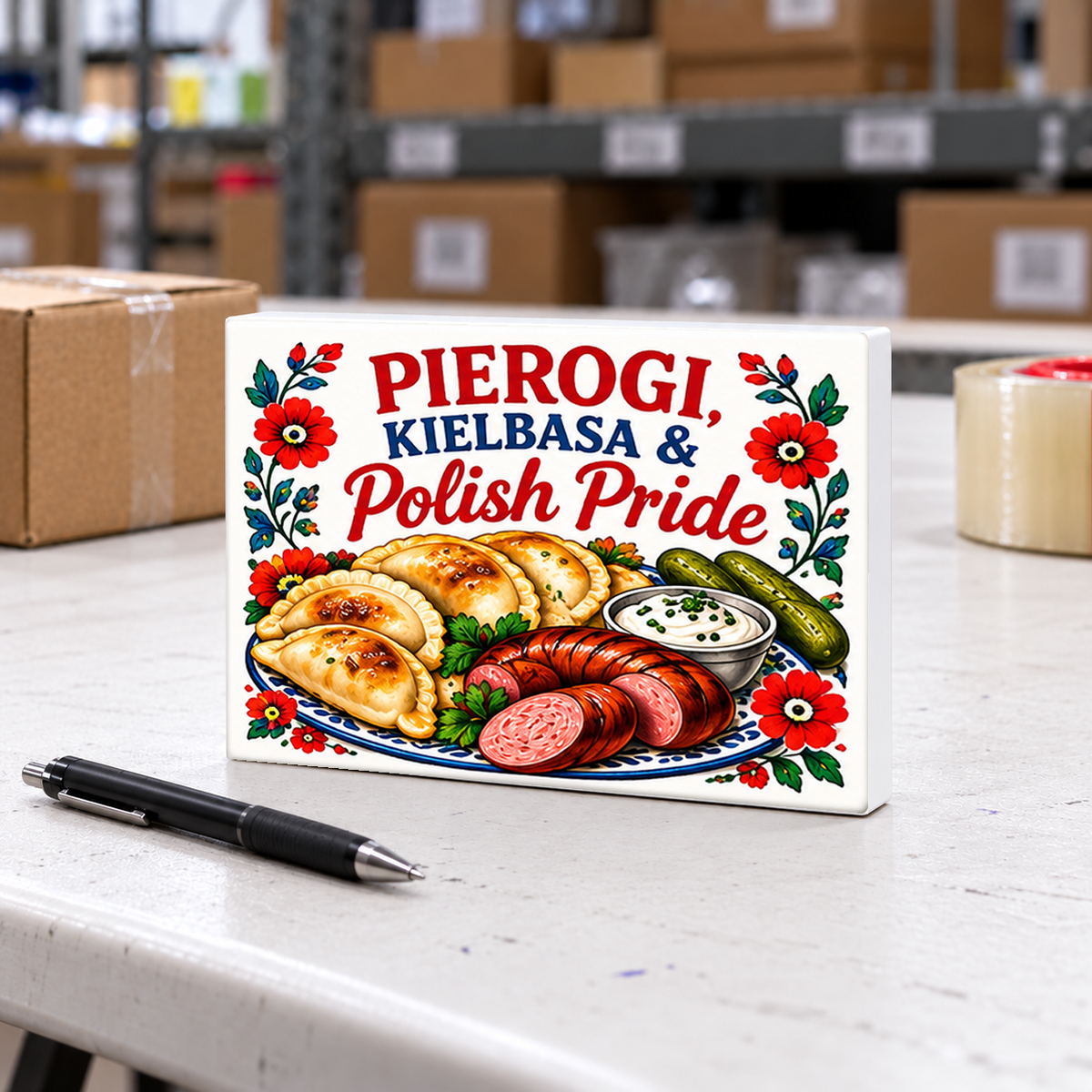 Polish Food – Pierogi, Kielbasa & Polish Pride magnet and mini sign on a white folding warehouse table.