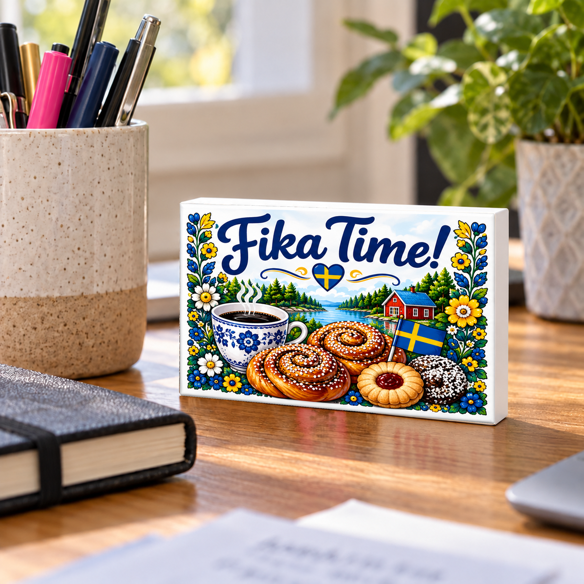 Swedish Fika Time – Coffee and Pastries mini sign standing on a desk with white PVC edges.