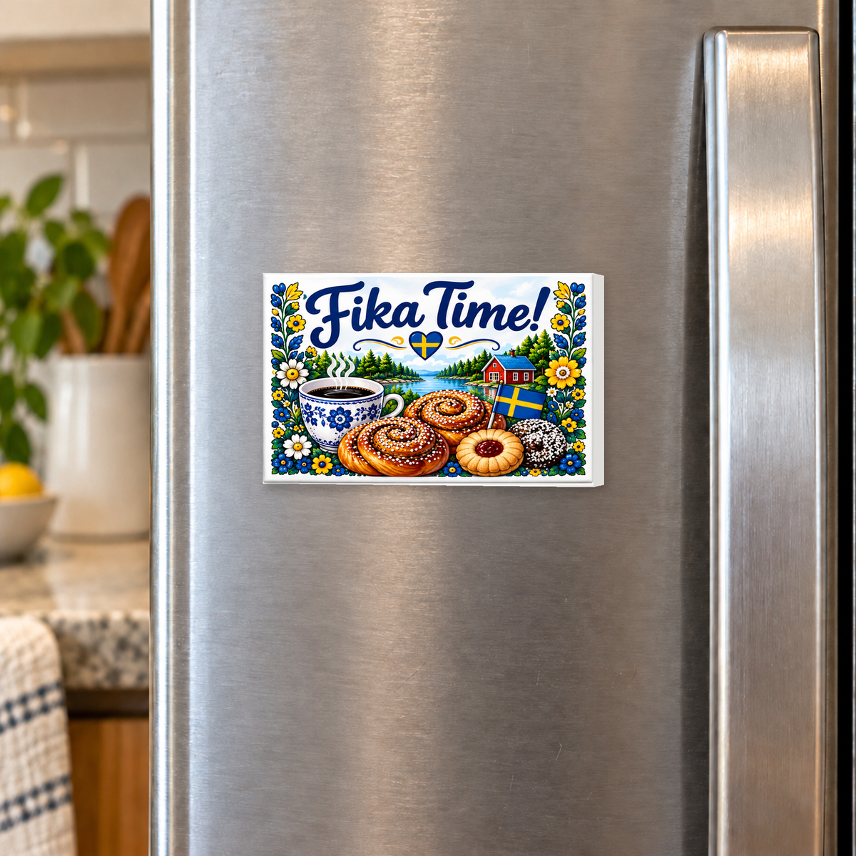 Swedish Fika Time – Coffee and Pastries rectangular magnet shown front-facing on a refrigerator.