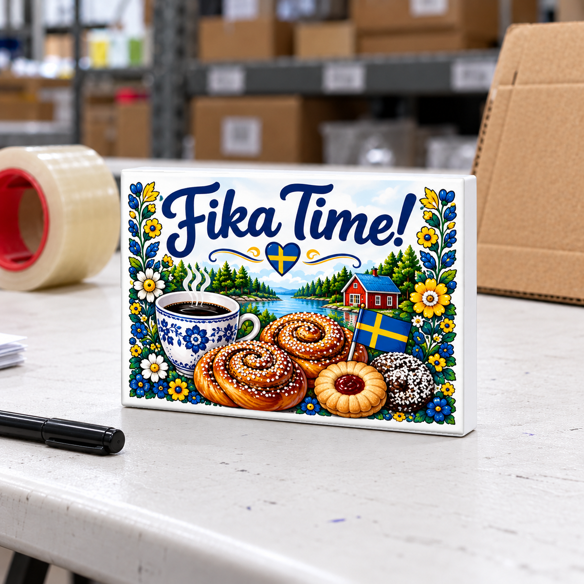 Swedish Fika Time – Coffee and Pastries magnet and mini sign on a white folding warehouse table.