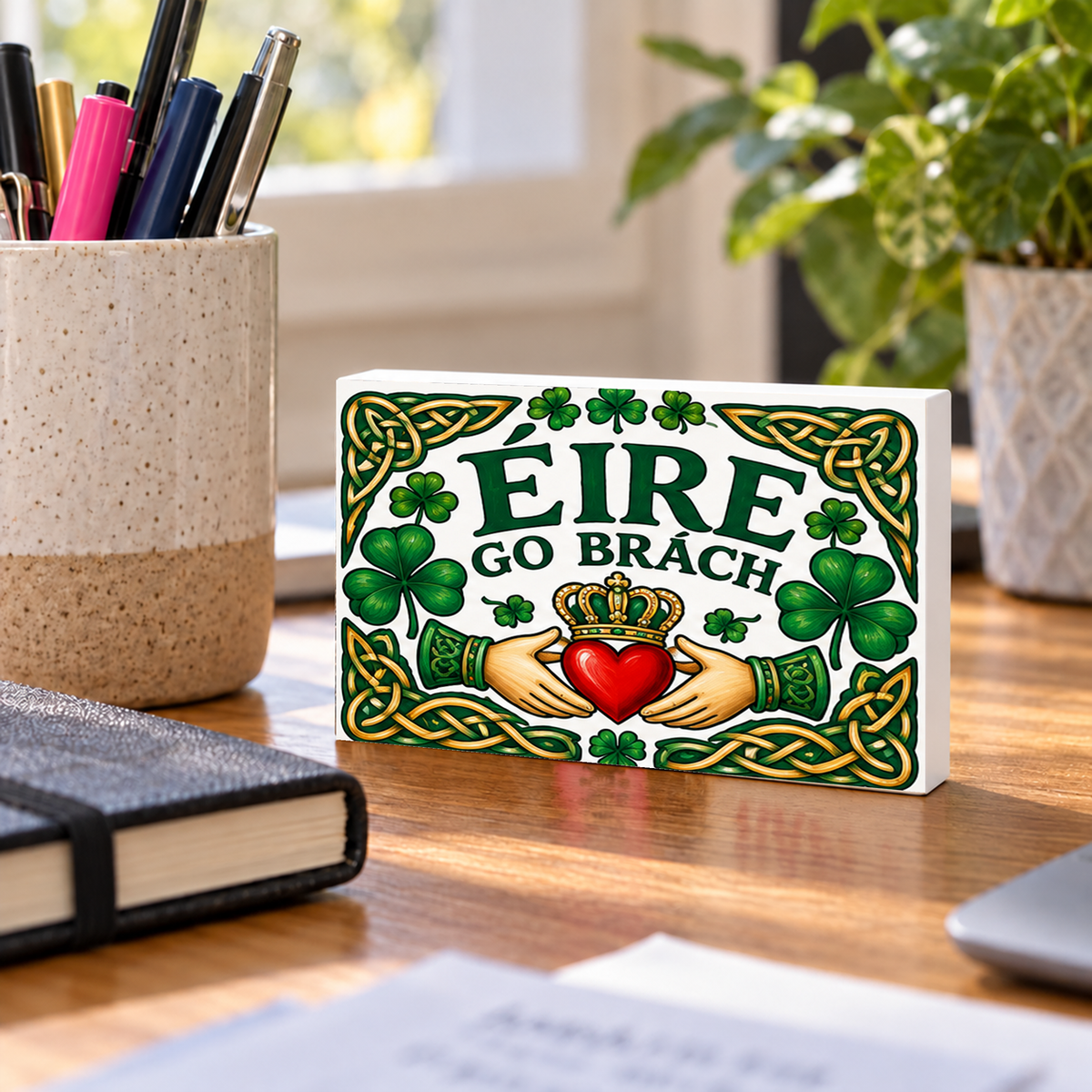 Irish Heritage Magnet & Mini Sign – Éire Go Brách – Celtic Claddagh mini sign standing on a desk with white PVC edges.