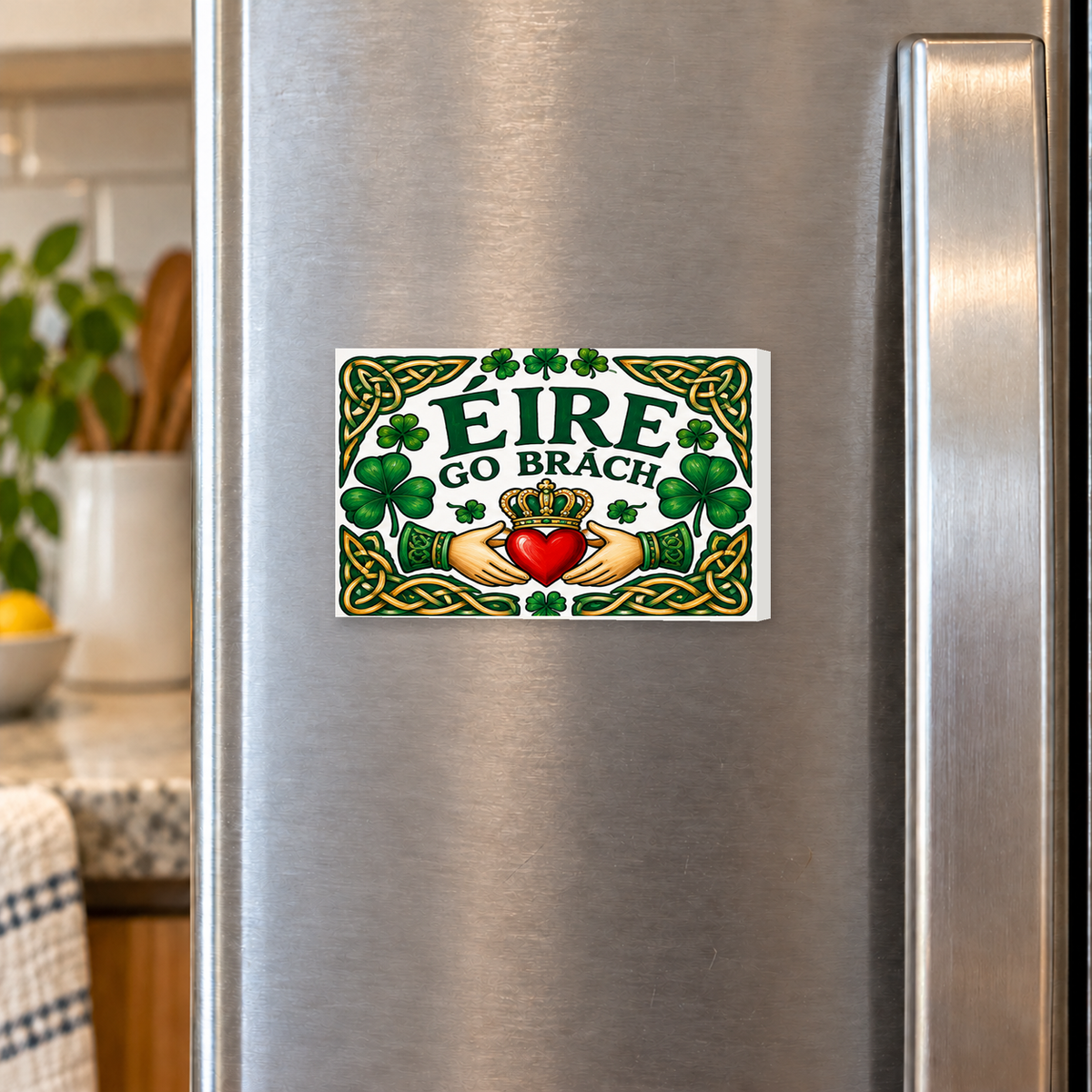 Irish Heritage Magnet & Mini Sign – Éire Go Brách – Celtic Claddagh rectangular magnet shown front-facing on a refrigerator.