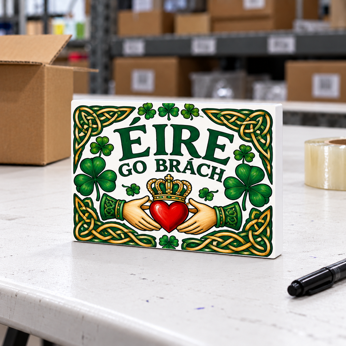 Irish Heritage Magnet & Mini Sign – Éire Go Brách – Celtic Claddagh magnet and mini sign on a white folding warehouse table.