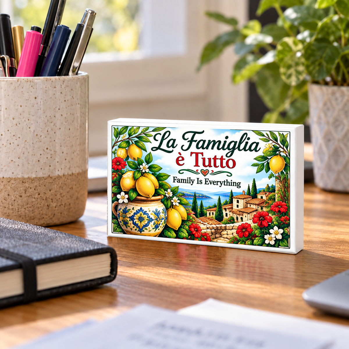 Italian Heritage – La Famiglia è Tutto – Family Is Everything mini sign standing on a desk with white PVC edges.