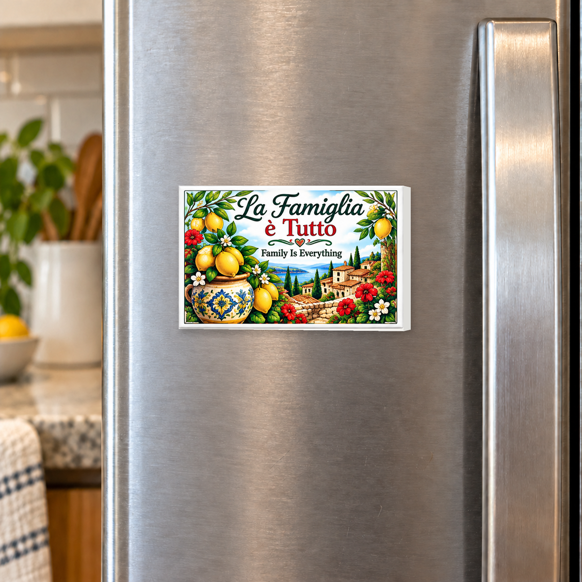 Italian Heritage – La Famiglia è Tutto – Family Is Everything rectangular magnet shown front-facing on a refrigerator.